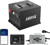 AOUSK 48V Mini Lithium Battery 105A, Smart 200A BMS, Charges 6000+ Cycles with LCD Monitor and 22A Charger, Bluetooth APP, 10.24 kW Max. Power