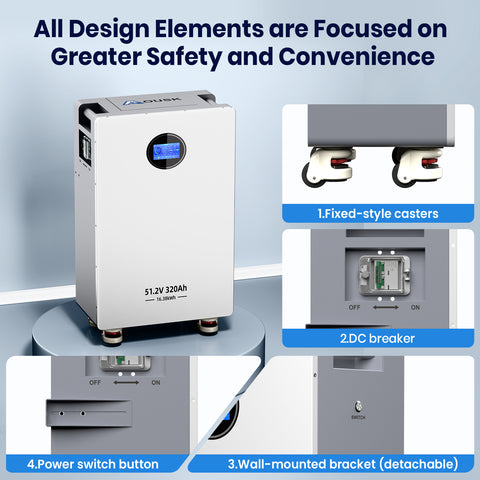 AOUSK 48V 320Ah Lifepo4 16.4kWh Lithium Battery, Build in 200A BMS High Capacity Energy Storage with Breakers, LCD Touchscreen, RS485/CAN/RS232, Ideal for Home Backup, Off-Grid, Solar System