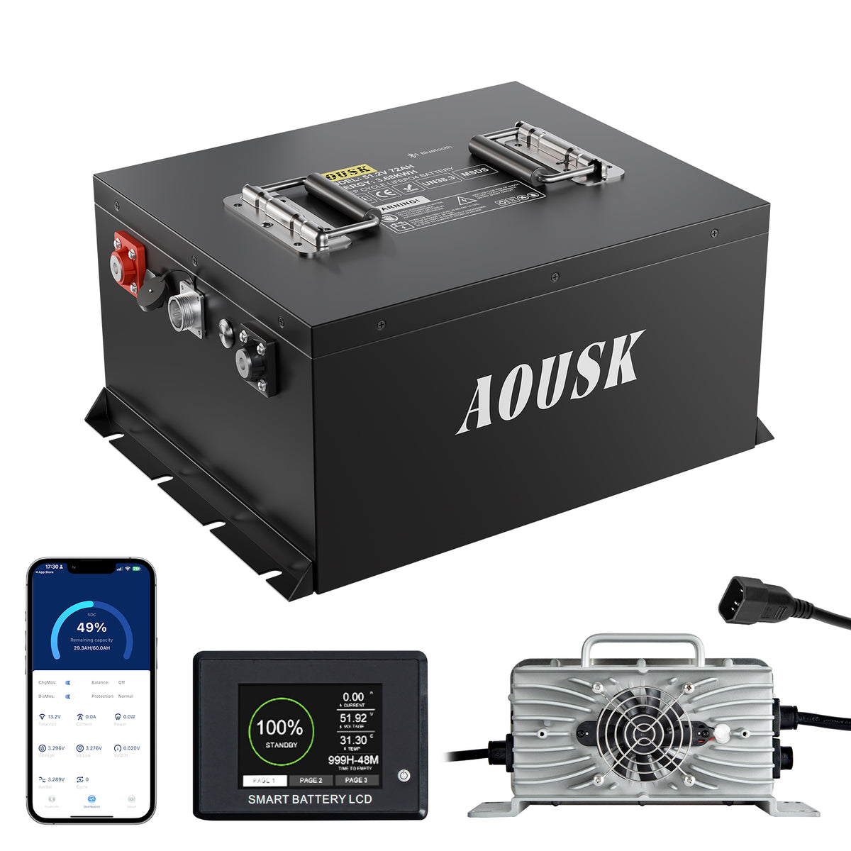 AOUSK 72V (73.6V) 105AH Lithium Golf Cart Battery, Supports 3C Discharge,Built-in 200A BMS and BlueTooth, Equipped with 83.9V 15A Fast Charger and LCD Touch Screen,8000+ Deep Cycles, Perfect for Golf Cart
