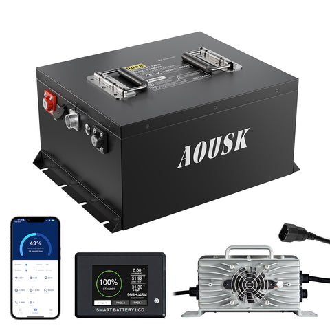 AOUSK 72V (73.6V) 105AH Lithium Golf Cart Battery, Supports 3C Discharge,Built-in 200A BMS and BlueTooth, Equipped with 83.9V 15A Fast Charger and LCD Touch Screen,8000+ Deep Cycles, Perfect for Golf Cart