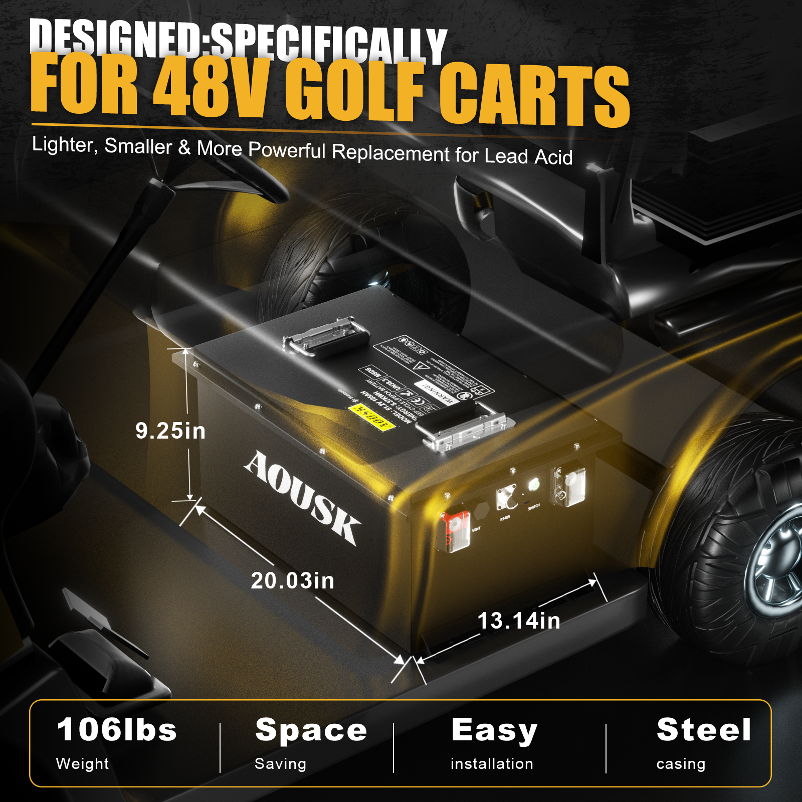 AOUSK 48V 105Ah Lithium Golf Cart Batteries, Built-in 200A BMS Peak current 1000A with Touch Monitor & Mobile APP, 6000+ Cycles Rechargeable, Perfect for Golf Carts(with 58.4V 22A fast charger)
