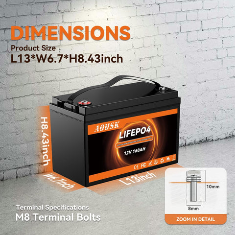 AOUSK 12V 160Ah with 160A BMS for Group 31, Low Temp Cut Off, Deep Cycle, 12V Lithium Battery for Trolling Motor, Boat
