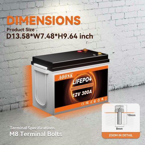AOUSK 12V 300Ah MINI LiFePO4 Lithium Battery, Bluetooth Lithium Battery, 200A BMS, up to 15000 Cycles, Max.3840Wh Energy with Low Temp Cut off, Perfect for RV, Solar, Trolling Motor