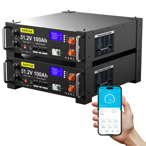 AOUSK 48V 100Ah Lithium LiFePO4 Server Rack Battery, Support Inverter Communication, Built-in 100A BMS with Bluetooth,Max. 5120W Power Output, 6000+ Cycles, Perfect for Off-Grid, Solar, Backup Power