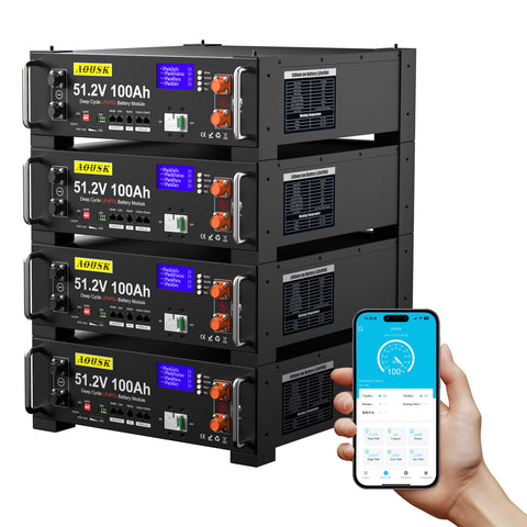 AOUSK 48V 100Ah Lithium LiFePO4 Server Rack Battery, Support Inverter Communication, Built-in 100A BMS with Bluetooth,Max. 5120W Power Output, 6000+ Cycles, Perfect for Off-Grid, Solar, Backup Power