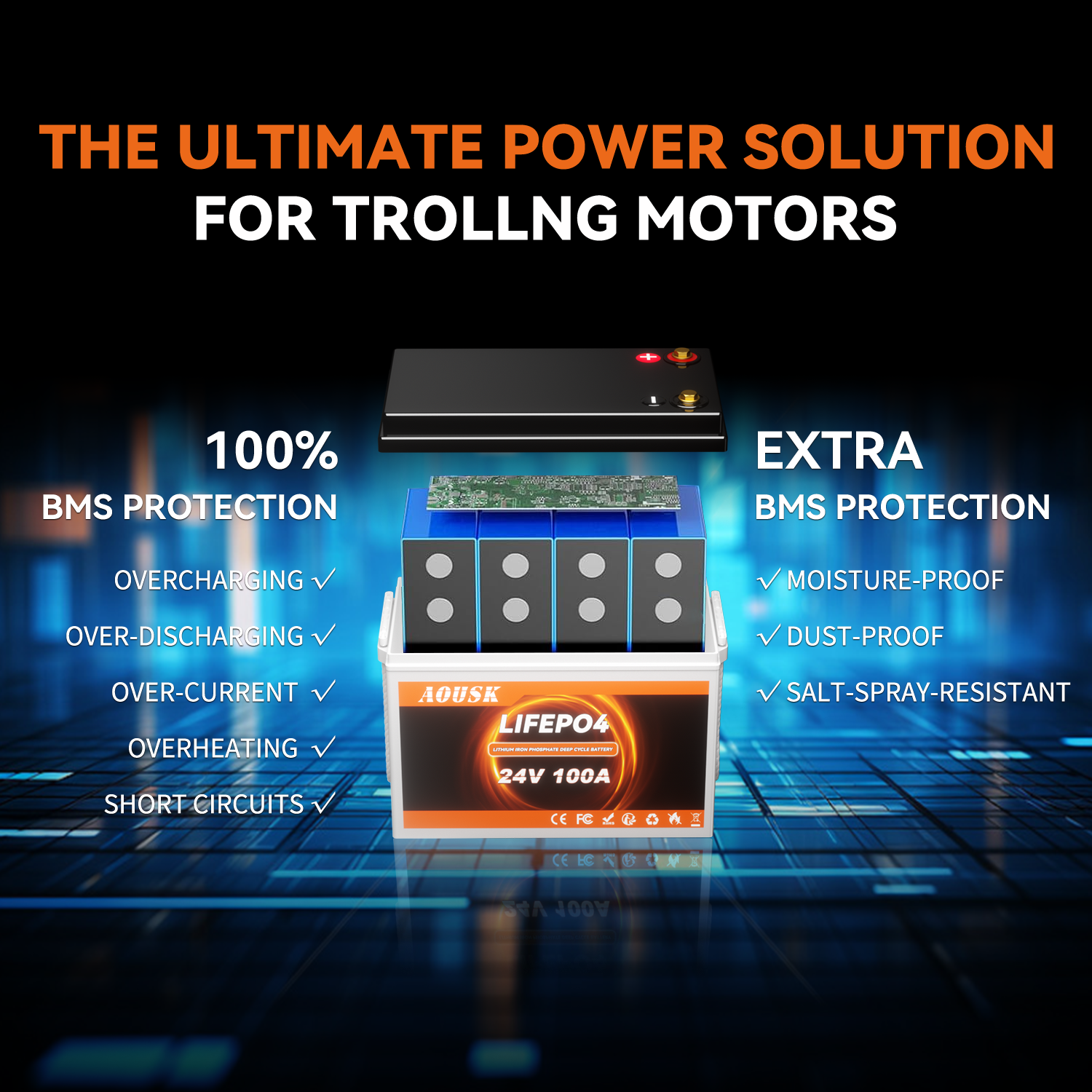 AOUSK 24V 100Ah Trolling Motor LiFePO4 Battery,2560Wh Lithium Battery Perfect for RV, Marine, Trolling Motor, Solar Off-Grid System 4000-15000 Deep Cycles & 10-Year Lifetime