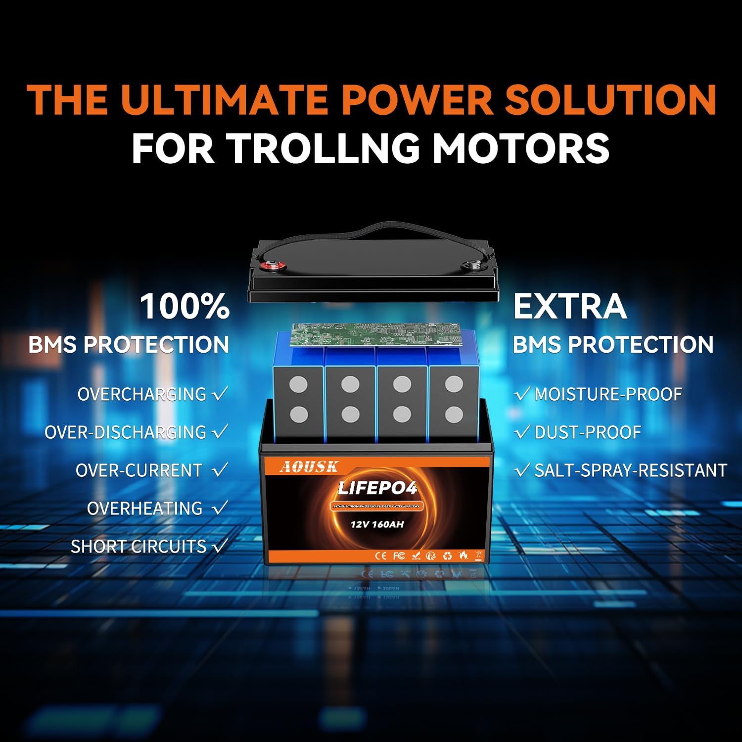 AOUSK 12V 160Ah with 160A BMS for Group 31, Low Temp Cut Off, Deep Cycle, 12V Lithium Battery for Trolling Motor, Boat