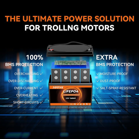 AOUSK 12V 160Ah with 160A BMS for Group 31, Low Temp Cut Off, Deep Cycle, 12V Lithium Battery for Trolling Motor, Boat