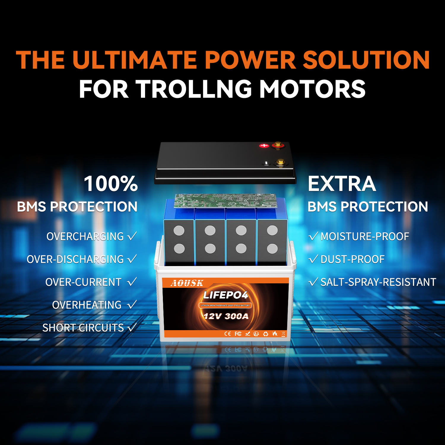 AOUSK 12V 300Ah MINI LiFePO4 Lithium Battery, Bluetooth Lithium Battery, 200A BMS, up to 15000 Cycles, Max.3840Wh Energy with Low Temp Cut off, Perfect for RV, Solar, Trolling Motor