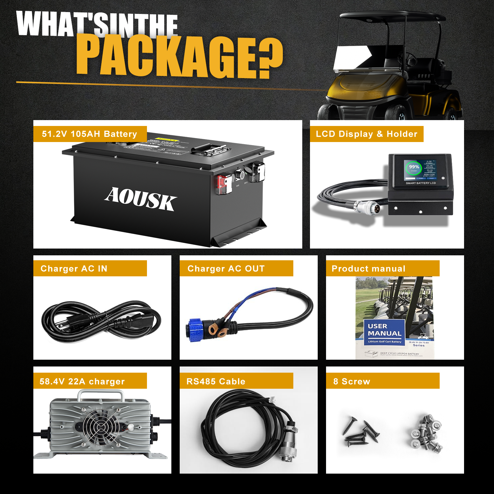 AOUSK 48V 105Ah Lithium Golf Cart Batteries, Built-in 200A BMS Peak current 1000A with Touch Monitor & Mobile APP, 6000+ Cycles Rechargeable, Perfect for Golf Carts(with 58.4V 22A fast charger)