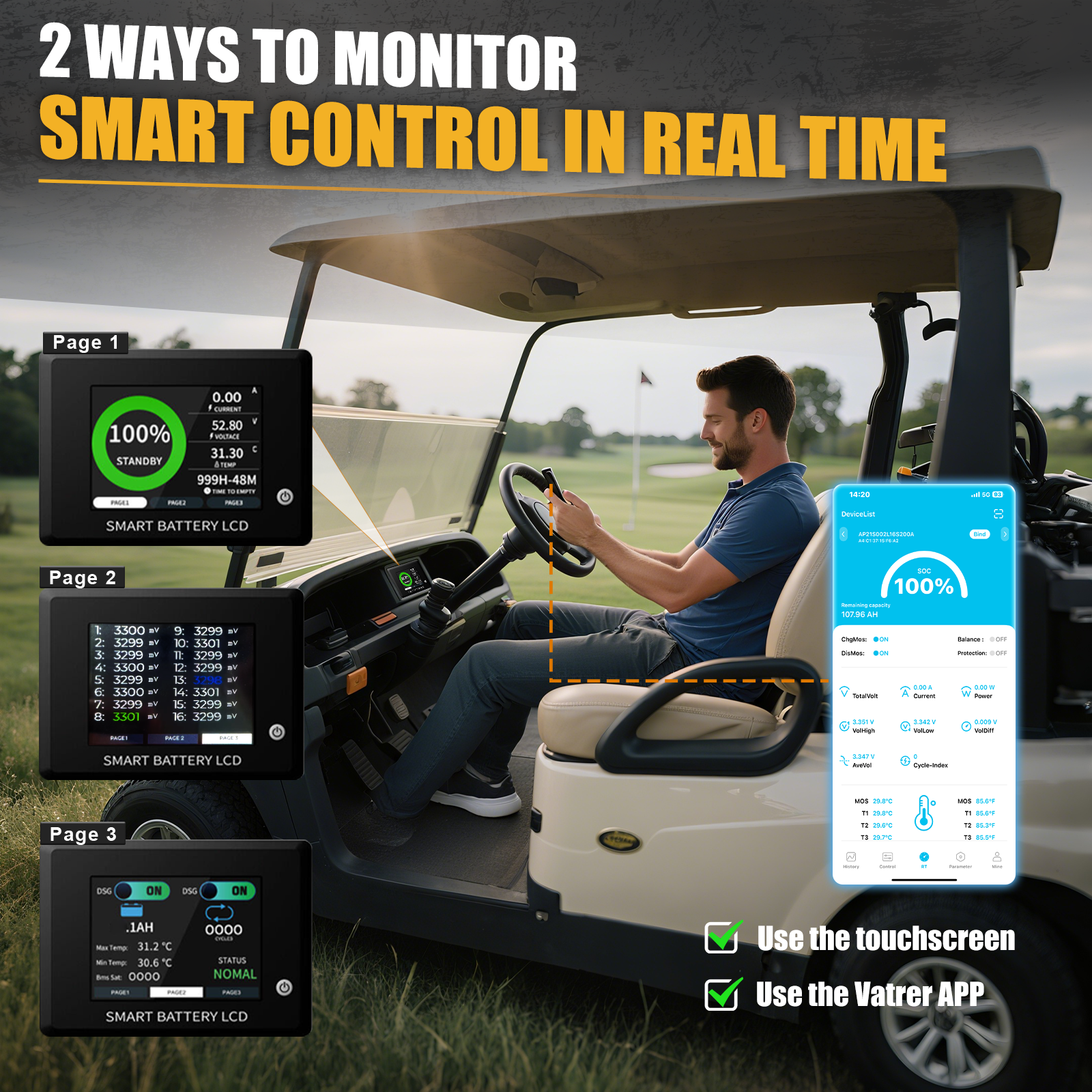 AOUSK 48V 105Ah Lithium Golf Cart Batteries, Built-in 200A BMS Peak current 1000A with Touch Monitor & Mobile APP, 6000+ Cycles Rechargeable, Perfect for Golf Carts(with 58.4V 22A fast charger)
