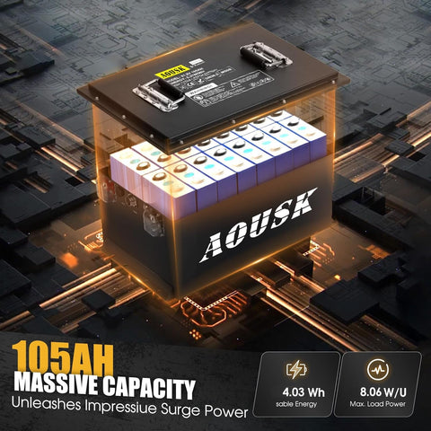 AOUSK 36V 105Ah Lithium Battery for Golf Cart, Built-in Smart 200A BMS, with Touch Monitor & Mobile APP, 4000+ Cycles Rechargeable LiFePO4 Battery, Max 8.06kW Power Output, Perfect for Golf Carts