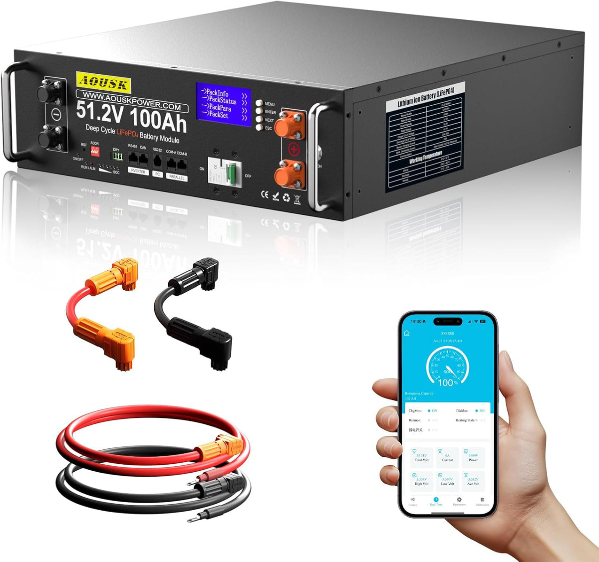 AOUSK 48V 100Ah(V1) Lithium LiFePO4 Server Rack Battery, Support Inverter Communication, Built-in 100A BMS with Bluetooth,Max. 5120W Power Output, 6000+ Cycles, Perfect for Off-Grid, Solar, Backup Power（副本）