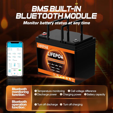 AOUSK 12V 100Ah BCI Group 24 Bluetooth LiFePO4 Battery, 100A BMS Rechargeable 1.28kWh Lithium Battery with Up to 15000 Cycles, Low Temperature Protection - Perfect for RVs, Van, Trailer and Boats