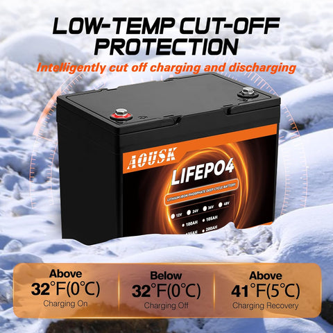 AOUSK 12V 100Ah BCI Group 24 Bluetooth LiFePO4 Battery, 100A BMS Rechargeable 1.28kWh Lithium Battery with Up to 15000 Cycles, Low Temperature Protection - Perfect for RVs, Van, Trailer and Boats