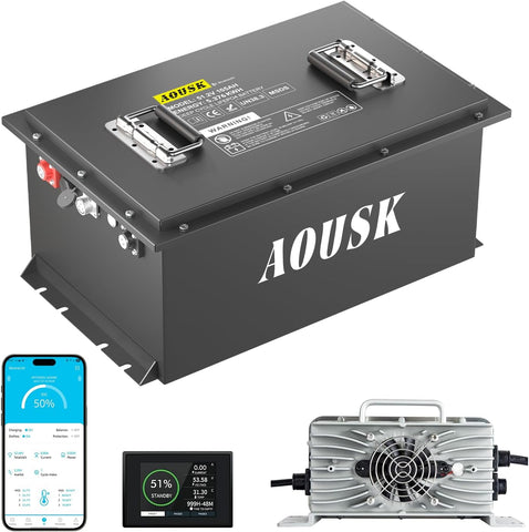 AOUSK 48V 105Ah Lithium Golf Cart Batteries, Built-in 200A BMS Peak current 1000A with Touch Monitor & Mobile APP, 6000+ Cycles Rechargeable, Perfect for Golf Carts(with 58.4V 22A fast charger)